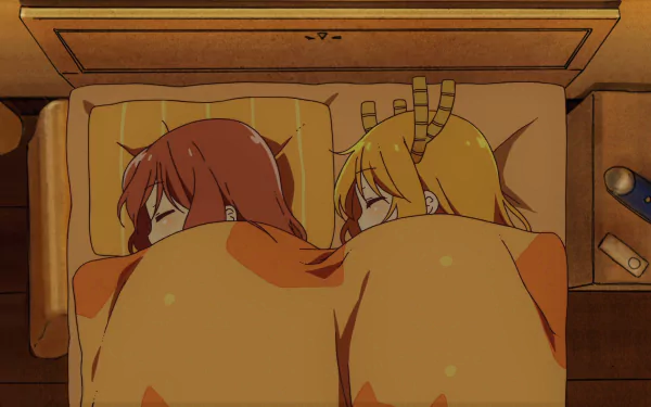 HD anime wallpaper featuring Kobayashi and Tohru from Miss Kobayashi's Dragon Maid sleeping side by side under warm blankets in a cozy bedroom setting.