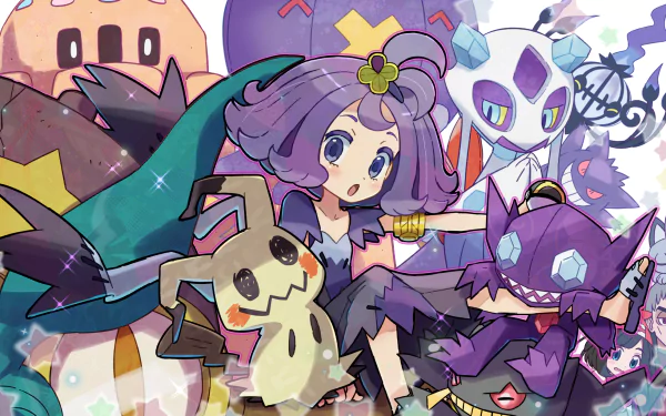 HD PC desktop wallpaper featuring Acerola with Ghost-type Pokémon like Froslass, Palossand, Chandelure, Meowth, Gengar, Banette, Sableye, Mimikyu, and Drifblim from Pokémon Sun and Moon.