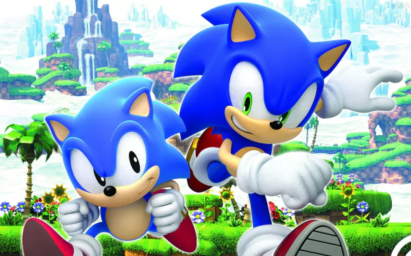 HD desktop wallpaper featuring iconic characters from Sega's Sonic the Hedgehog and the video game Sonic Generations, showcasing both Classic and Modern Sonic in a vibrant and scenic background.