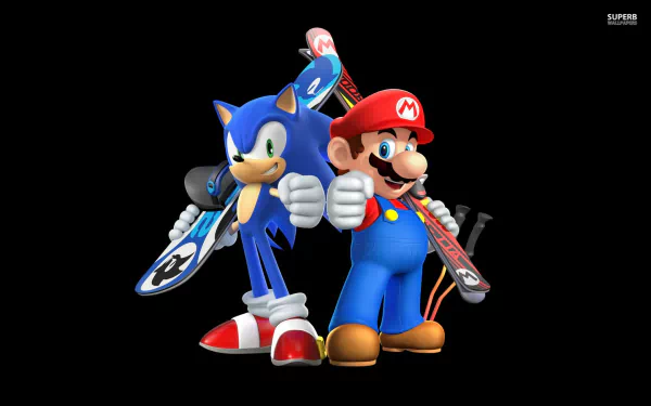 HD PC desktop wallpaper featuring Mario and Sonic the Hedgehog from the video game Mario & Sonic at the Olympic Games, both holding sports equipment ready for competition.