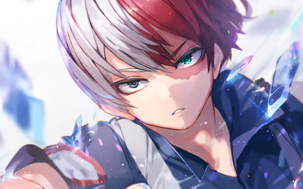 HD desktop wallpaper featuring Shoto Todoroki from My Hero Academia, showcasing his heterochromia with intense, determined eyes and his signature red and white hair.