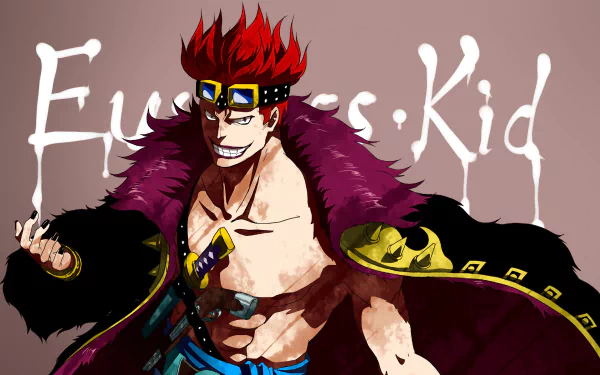 Vibrant 4K Ultra HD desktop wallpaper featuring Eustass Kid from the anime One Piece, showcasing his red hair, goggles, and fierce expression against a white background.