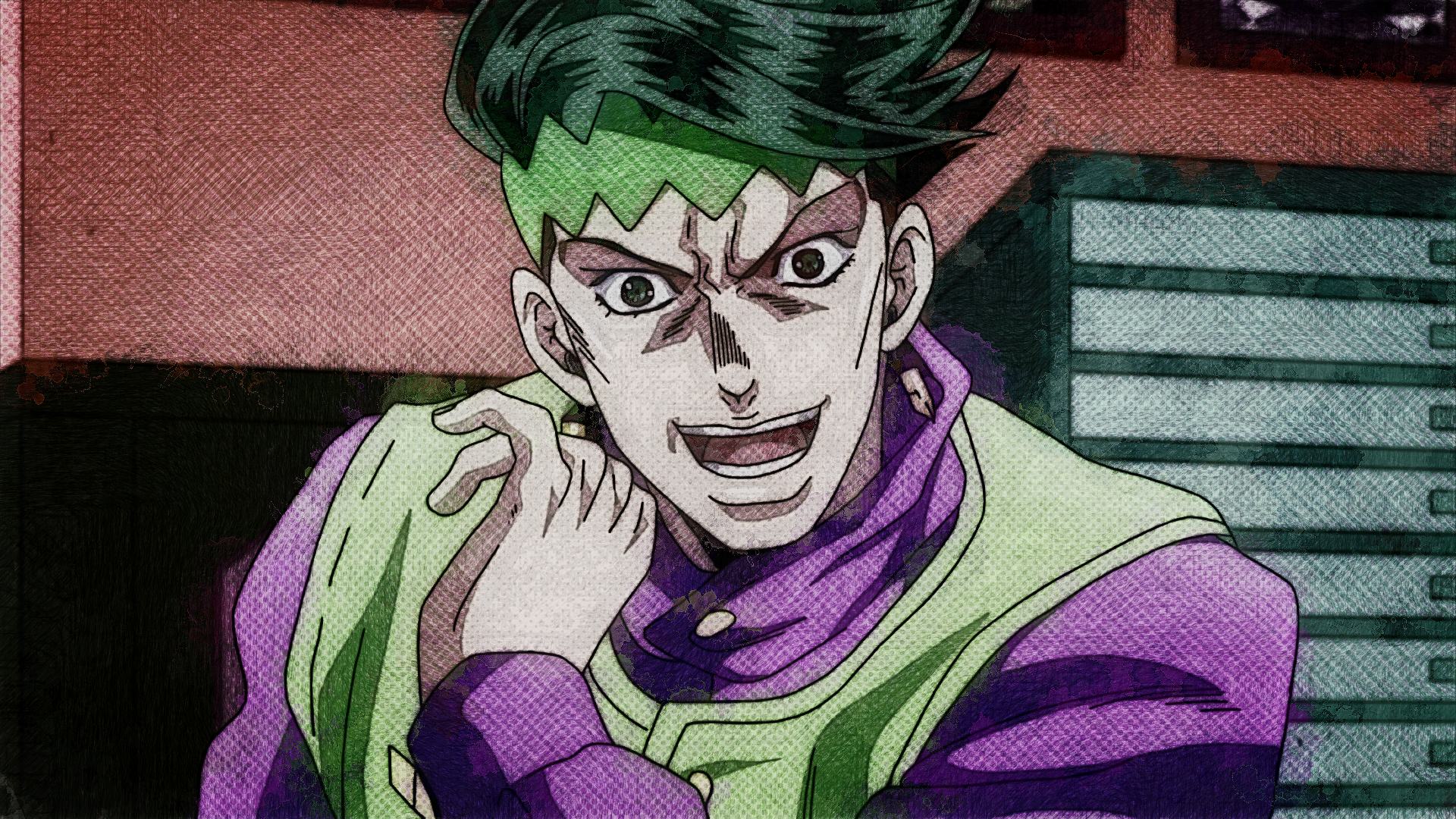 HD PC desktop wallpaper of Rohan Kishibe (JoJo's Bizarre Adventure) — anime close-up: grinning, green hair and zigzag headband, purple-green outfit against a textured background.