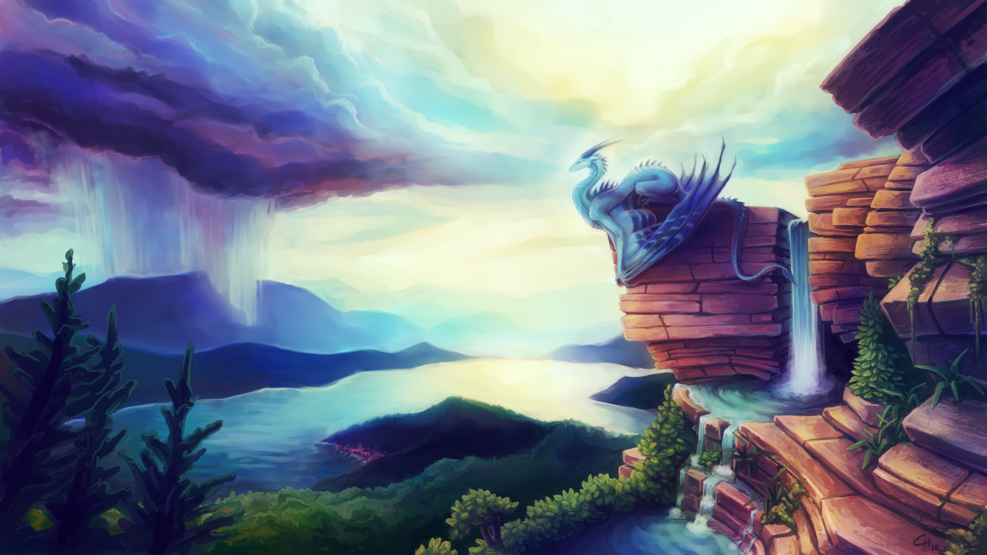 HD fantasy PC desktop wallpaper featuring a majestic dragon perched on a rocky cliff overlooking a serene lake and dramatic, cloud-filled sky.