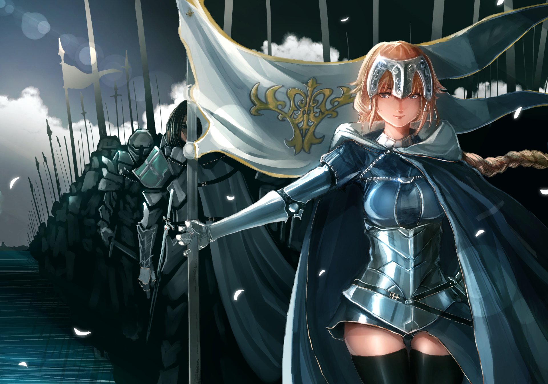 HD PC wallpaper of Jeanne d'Arc (Fate/Grand Order) in gleaming armor and visor, clutching her banner as armored troops line up beneath a brooding, stormy sky.