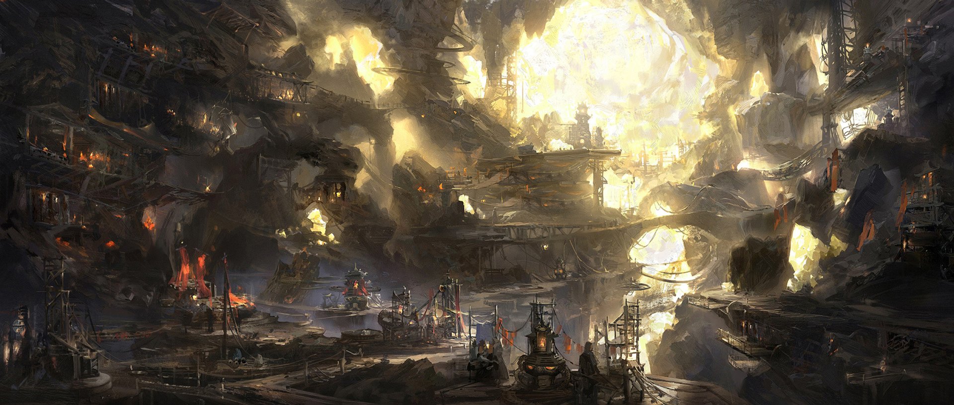 A detailed fantasy landscape featuring a luminous cavern with intricate structures and glowing machinery, designed as an HD PC desktop wallpaper and background.