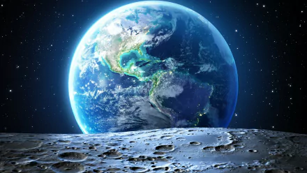 A stunning desktop wallpaper depicting Earth from space, seen rising above the moon's cratered surface, with stars twinkling in the background.