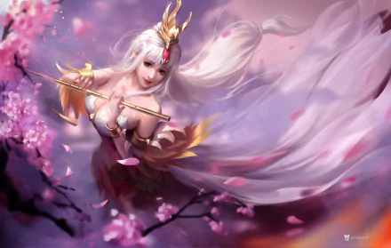 A fantasy woman with flowing white hair plays a flute amid blooming sakura blossoms, set against a vibrant HD PC desktop wallpaper background.