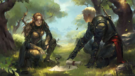 A fantasy-themed HD wallpaper featuring a woman warrior elf in armor conversing with another warrior amid a lush forest setting, planning their next move over a map.
