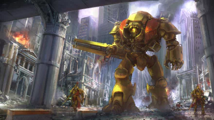 A towering Warhammer 40k warrior stands armed in a war-torn cityscape, depicted in high-definition PC wallpaper quality.