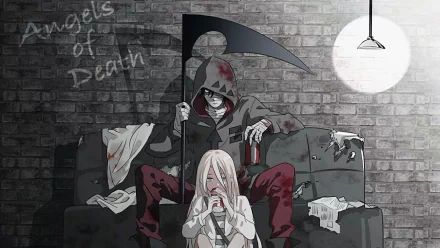 Angels of Death HD wallpaper features Rachel Gardner with blonde hair sitting in front of Zack, who has black hair and holds a scythe, set against a dimly lit, worn-out brick wall background.