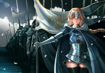 HD PC wallpaper of Jeanne d'Arc (Fate/Grand Order) in gleaming armor and visor, clutching her banner as armored troops line up beneath a brooding, stormy sky.