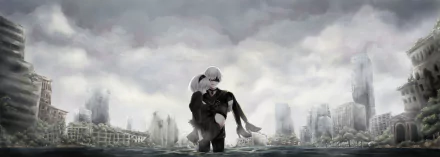 HD PC desktop wallpaper featuring YoRHa No.2 Type B carrying YoRHa No.9 Type S from the video game NieR: Automata with a ruined cityscape in the background.