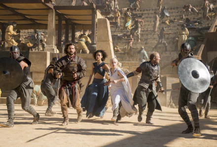 Game of Thrones 4K Ultra HD wallpaper featuring Emilia Clarke as Daenerys Targaryen, Nathalie Emmanuel as Missandei, Michiel Huisman as Daario Naharis, and Iain Glen as Jorah Mormont.