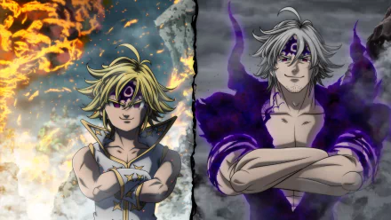 HD desktop wallpaper featuring Estarossa and Meliodas from the anime The Seven Deadly Sins, with a split background showcasing fiery and shadowy elements.
