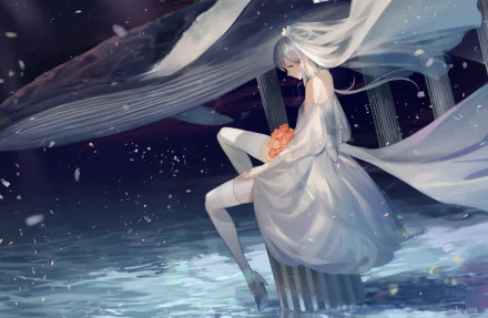 HD anime desktop wallpaper featuring Luo Tianyi from Vocaloid in a flowing white dress holding flowers, set against a mystical, dark aquatic background.