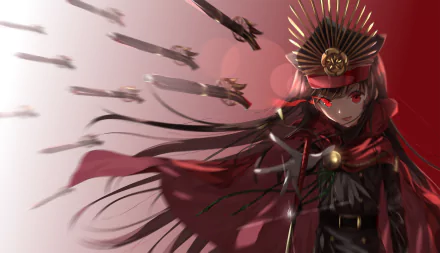 HD PC desktop wallpaper featuring the Demon Archer from Fate/Grand Order in dynamic anime style with glowing red eyes and multiple arrows in flight.