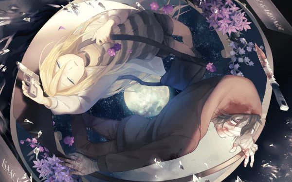 4K Ultra HD anime wallpaper featuring Zack and Rachel Gardner from Angels of Death, surrounded by purple flowers and moonlight in a dark, atmospheric setting.