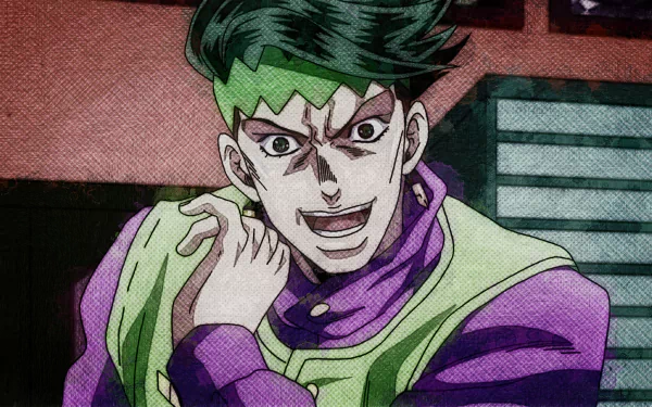 HD PC desktop wallpaper of Rohan Kishibe (JoJo's Bizarre Adventure) — anime close-up: grinning, green hair and zigzag headband, purple-green outfit against a textured background.