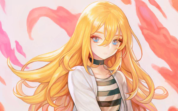 Anime-style 4K Ultra HD wallpaper featuring Rachel Gardner from Angels of Death with flowing golden hair and a striped shirt against a soft pink background.