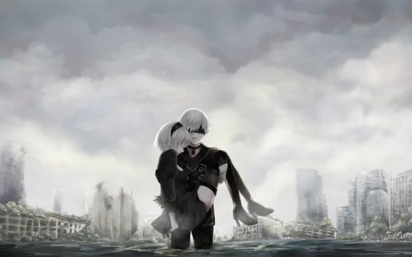 HD PC desktop wallpaper featuring YoRHa No.2 Type B carrying YoRHa No.9 Type S from the video game NieR: Automata with a ruined cityscape in the background.