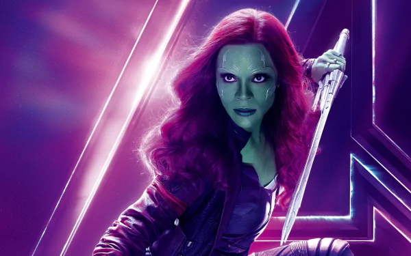 Zoe Saldana as Gamora from Avengers: Infinity War in an 8K Ultra HD PC desktop wallpaper with vibrant purple and pink lighting.