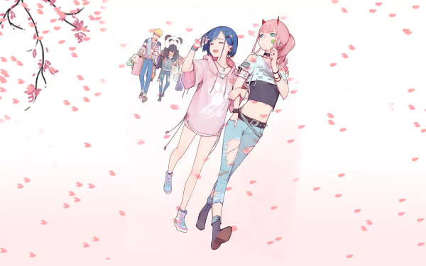 HD desktop wallpaper featuring Goro, Hiro, Ichigo, and Zero Two from Darling in the FranXX. Characters are casually walking under a background of cherry blossoms, with Zero Two and Ichigo leading the way.