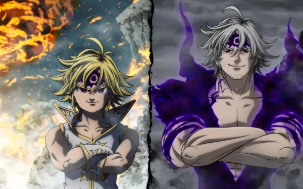 HD desktop wallpaper featuring Estarossa and Meliodas from the anime The Seven Deadly Sins, with a split background showcasing fiery and shadowy elements.