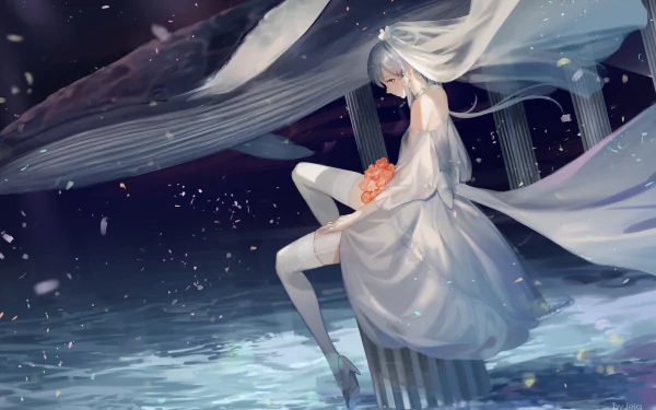 HD anime desktop wallpaper featuring Luo Tianyi from Vocaloid in a flowing white dress holding flowers, set against a mystical, dark aquatic background.