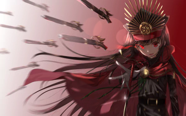 HD PC desktop wallpaper featuring the Demon Archer from Fate/Grand Order in dynamic anime style with glowing red eyes and multiple arrows in flight.