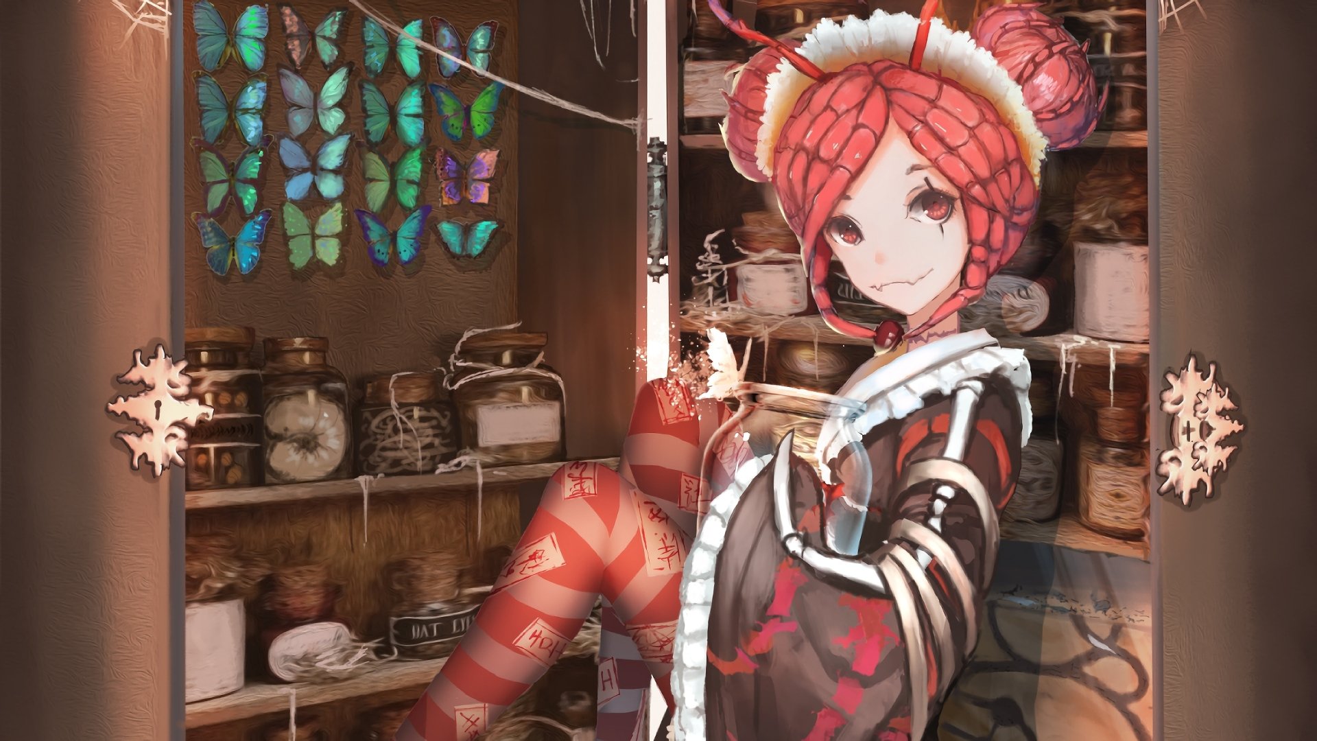HD desktop wallpaper of Entoma Vasilissa Zeta, an anime character from Overlord, dressed as a maid. The background features shelves with jars and a display of colorful, glowing butterflies.