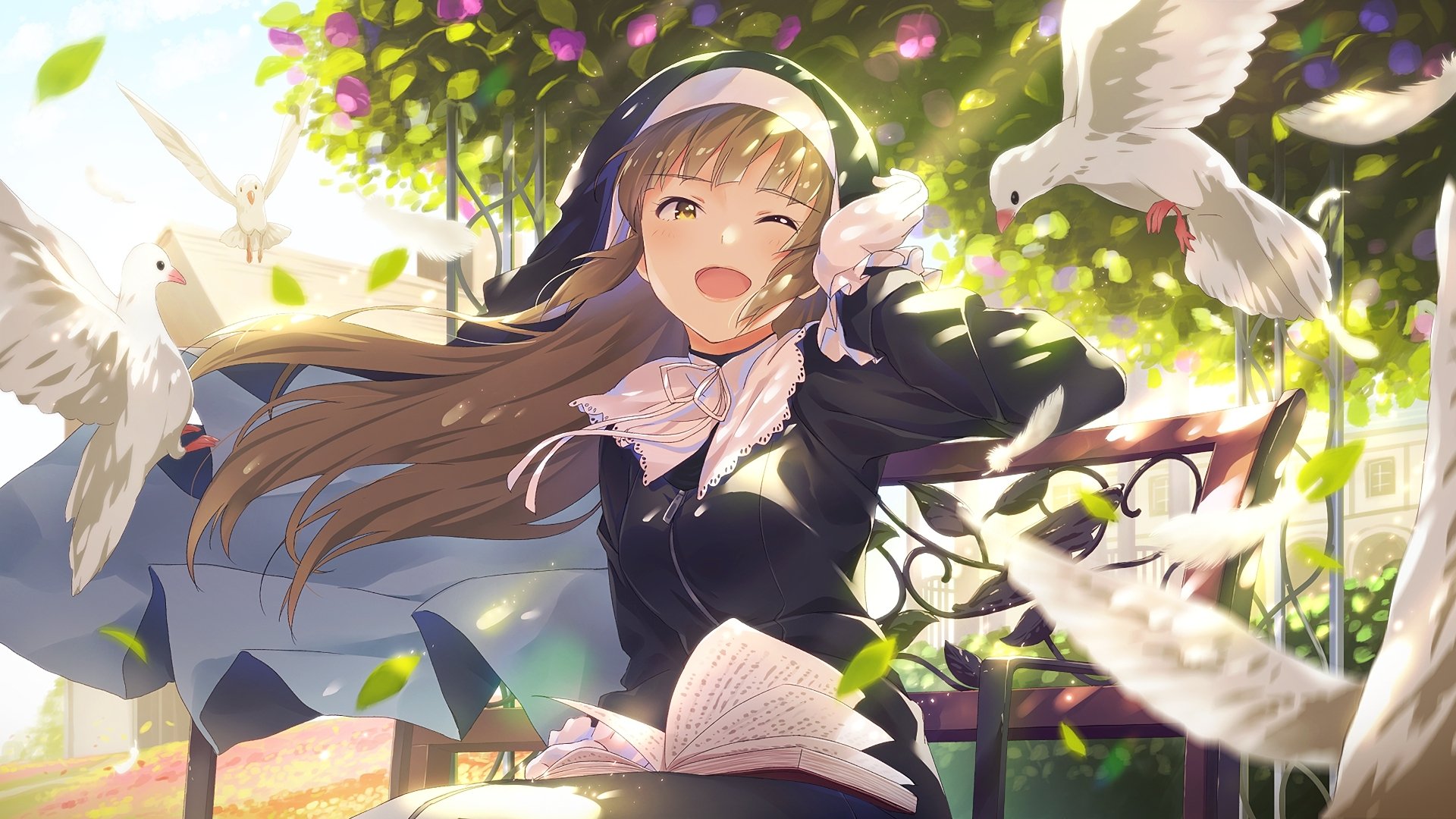 HD anime wallpaper featuring an original character with long hair. She's sitting on a bench, smiling and surrounded by doves, with a book in her lap, under a tree with sunlight filtering through.