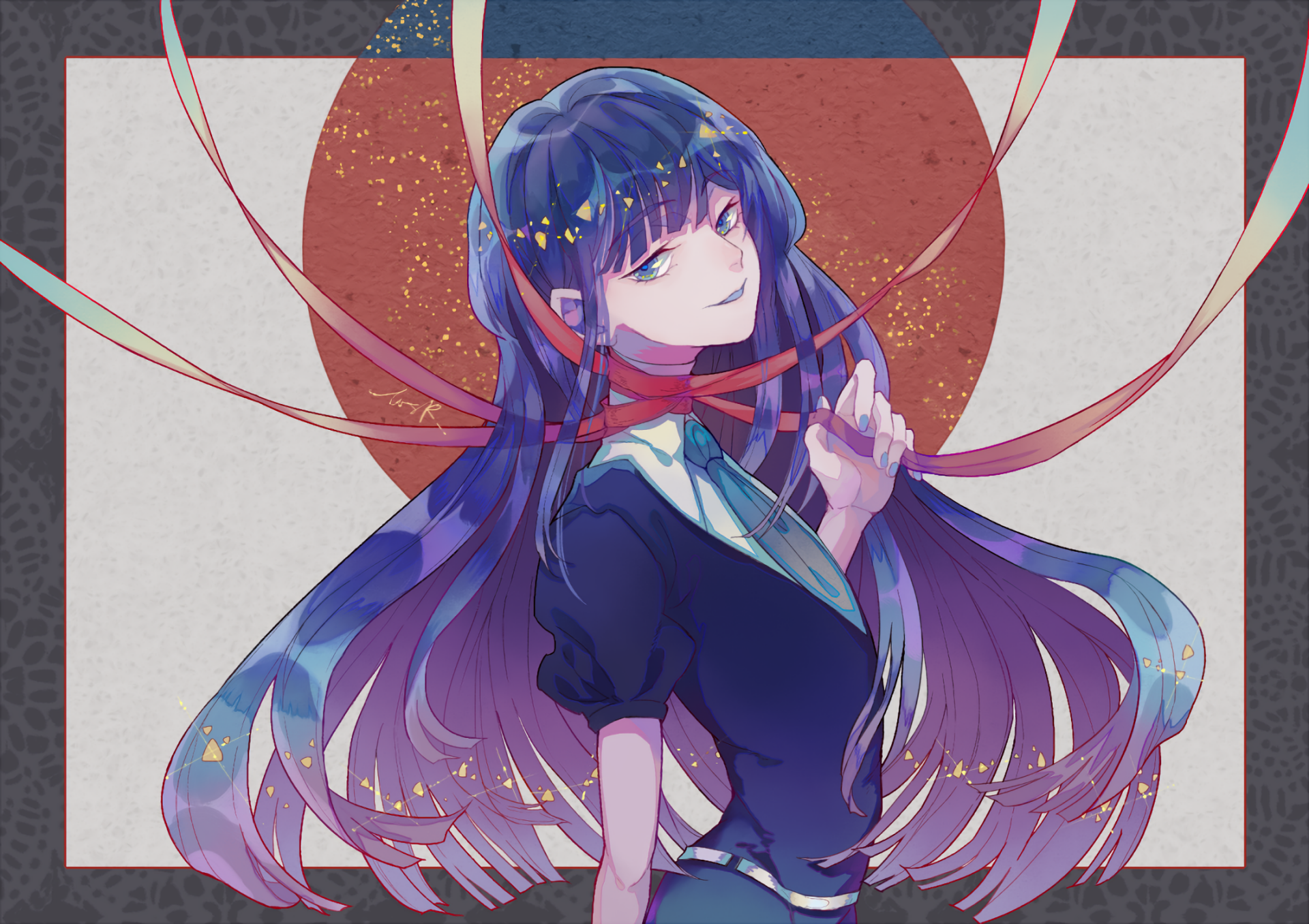 HD PC desktop wallpaper of Lapis Lazuli (Land of the Lustrous): anime-style portrait with flowing blue-purple hair, jeweled accents, navy outfit and red circular backdrop.