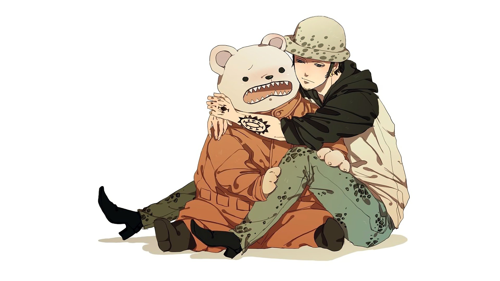 Trafalgar Law from One Piece embraces a large bear plush in this detailed 4K Ultra HD anime wallpaper, blending soft tones with sharp character design.