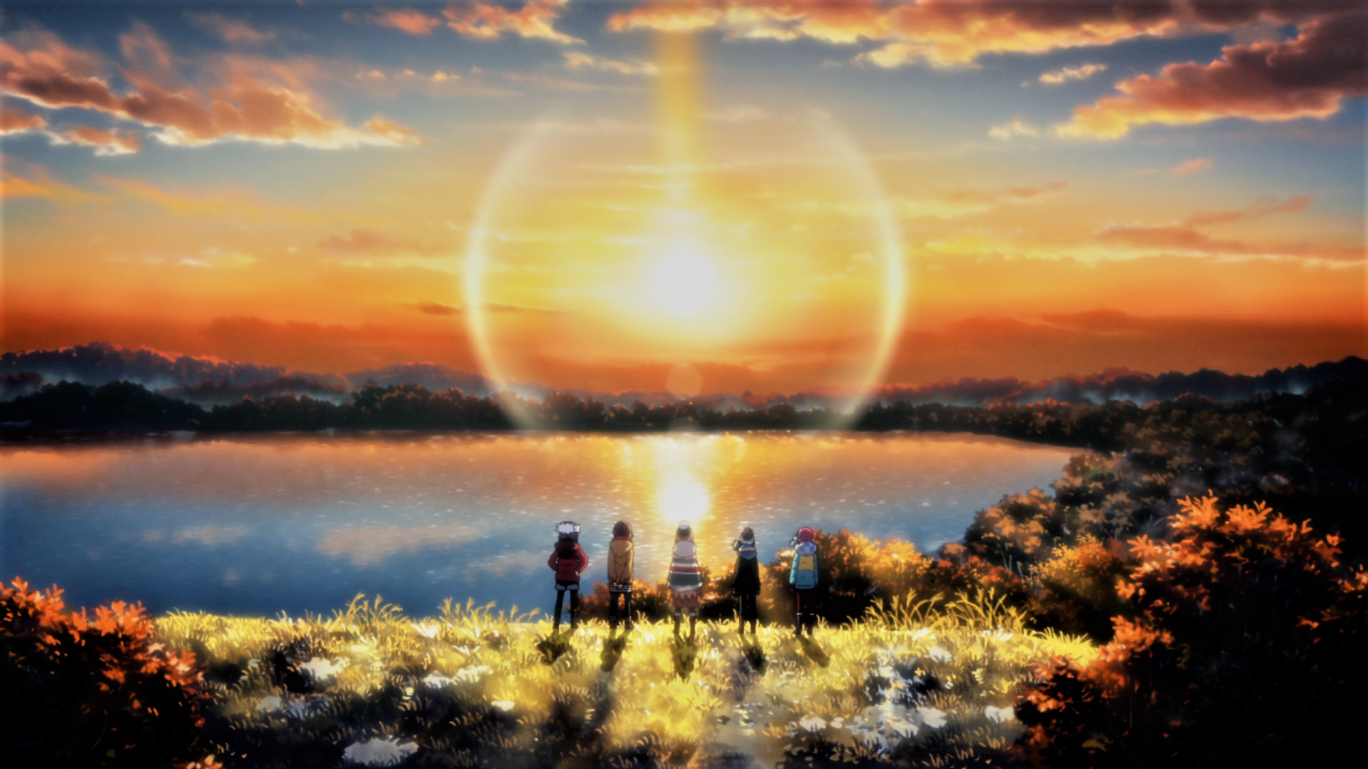 Animated wallpaper featuring characters Ena Saitou, Chiaki Oogaki, Aoi Inuyama, Rin Shima, and Nadeshiko Kagamihara from Laid-Back Camp, watching a sunset by a tranquil lake.