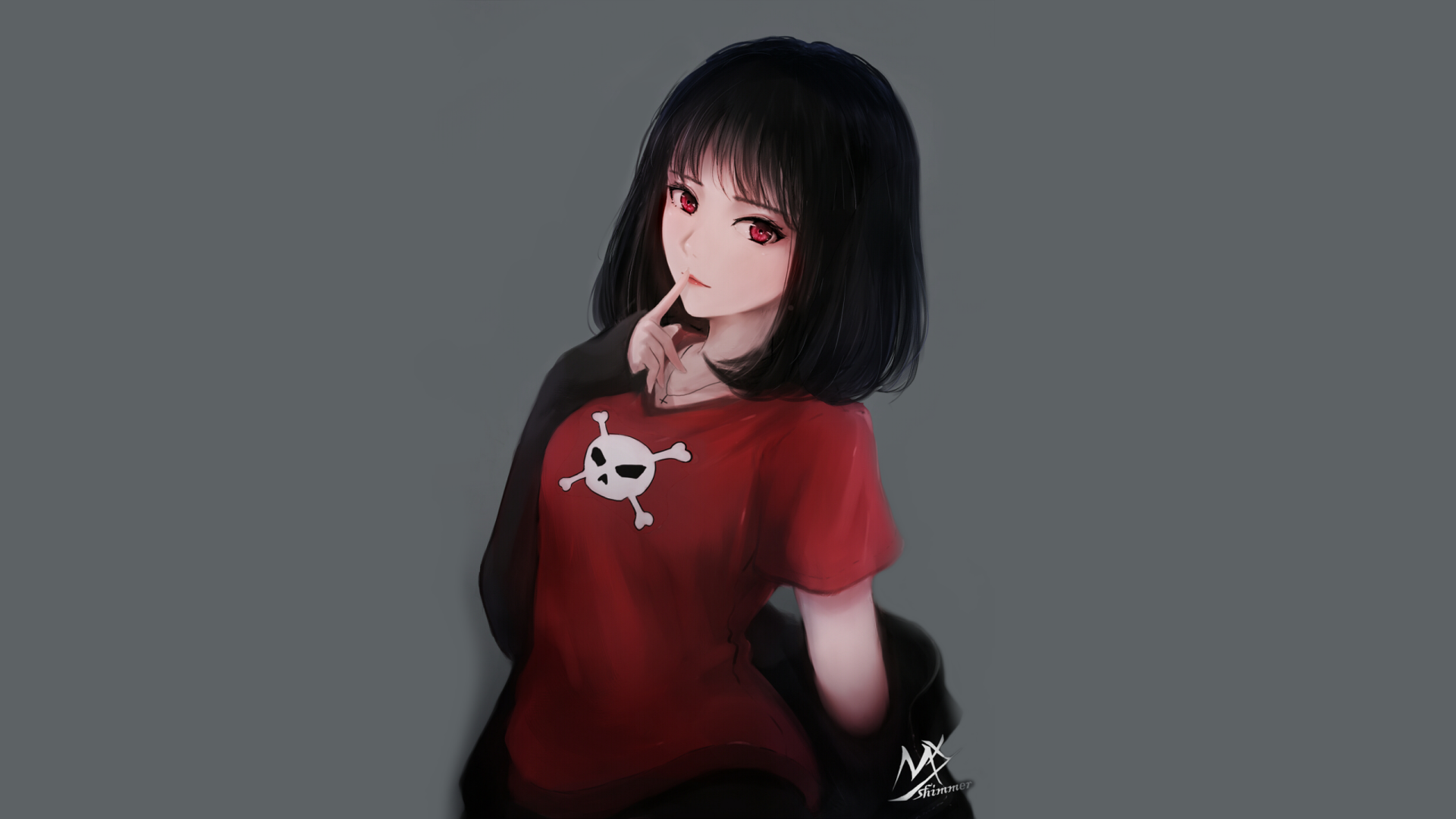 HD wallpaper of an original anime character with short black hair and striking red eyes, wearing a red shirt with a white skull emblem, set against a gray background.