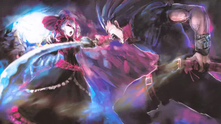 Anime wallpaper featuring an intense battle between warrior Brain Unglaus and Shalltear Bloodfallen from Overlord. Both characters are fully engaged in combat, with vibrant colors and dynamic movement.