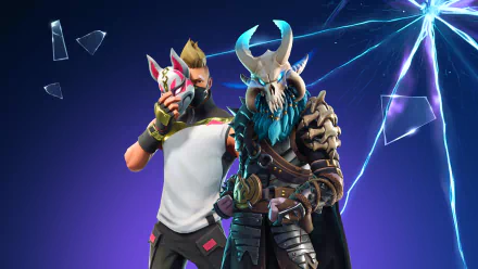 HD desktop wallpaper of Fortnite Battle Royale featuring two iconic characters in front of a shattered glass background.