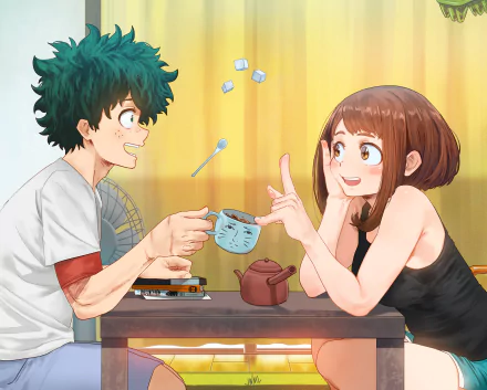 HD desktop wallpaper featuring Ochaco Uraraka and Izuku Midoriya from the anime My Hero Academia, sharing a light-hearted moment with a teapot, cup, and floating ice cubes on a sunny day.