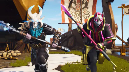 HD Fortnite Battle Royale desktop wallpaper featuring two characters in dynamic action poses, dressed in unique battle outfits, set against a detailed Fortnite background.
