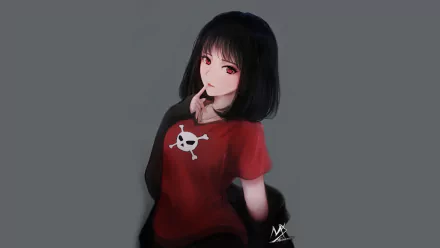 HD wallpaper of an original anime character with short black hair and striking red eyes, wearing a red shirt with a white skull emblem, set against a gray background.