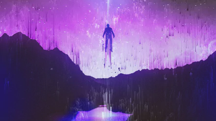 A glitch art HD desktop wallpaper featuring a human figure suspended in a vibrant, cosmic landscape with mountains and a reflective water surface. The image blends artistic elements with a captivating purple hue.