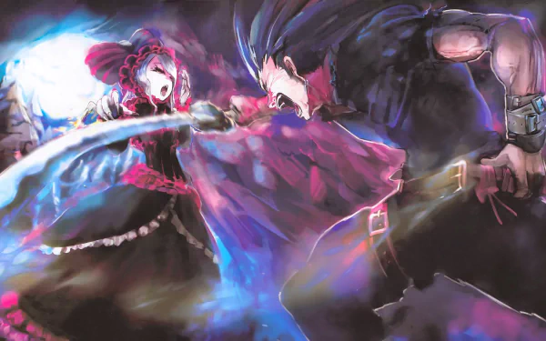 Anime wallpaper featuring an intense battle between warrior Brain Unglaus and Shalltear Bloodfallen from Overlord. Both characters are fully engaged in combat, with vibrant colors and dynamic movement.