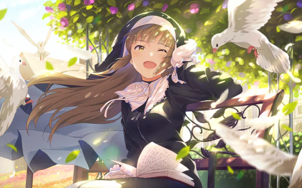 HD anime wallpaper featuring an original character with long hair. She's sitting on a bench, smiling and surrounded by doves, with a book in her lap, under a tree with sunlight filtering through.