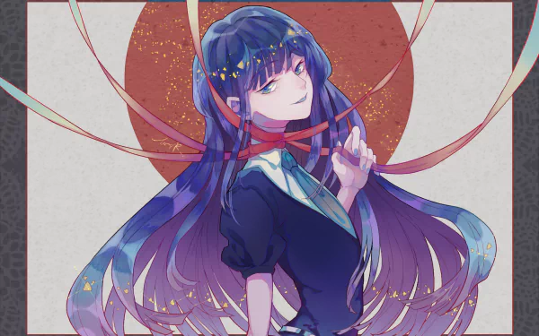 HD PC desktop wallpaper of Lapis Lazuli (Land of the Lustrous): anime-style portrait with flowing blue-purple hair, jeweled accents, navy outfit and red circular backdrop.