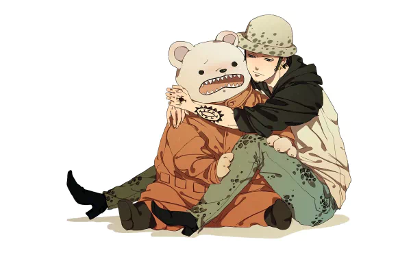 Trafalgar Law from One Piece embraces a large bear plush in this detailed 4K Ultra HD anime wallpaper, blending soft tones with sharp character design.