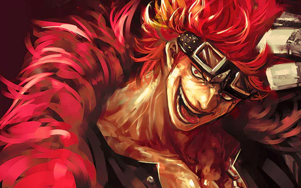 Vibrant 4K Ultra HD anime wallpaper of Eustass Kid from One Piece, featuring intense red hair and striking red eyes in a dynamic, fierce pose.
