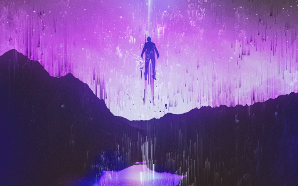 A glitch art HD desktop wallpaper featuring a human figure suspended in a vibrant, cosmic landscape with mountains and a reflective water surface. The image blends artistic elements with a captivating purple hue.