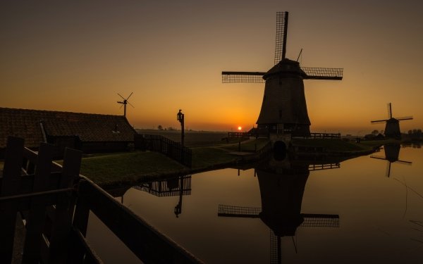Man Made Windmill Night Reflection Building HD Wallpaper | Background Image