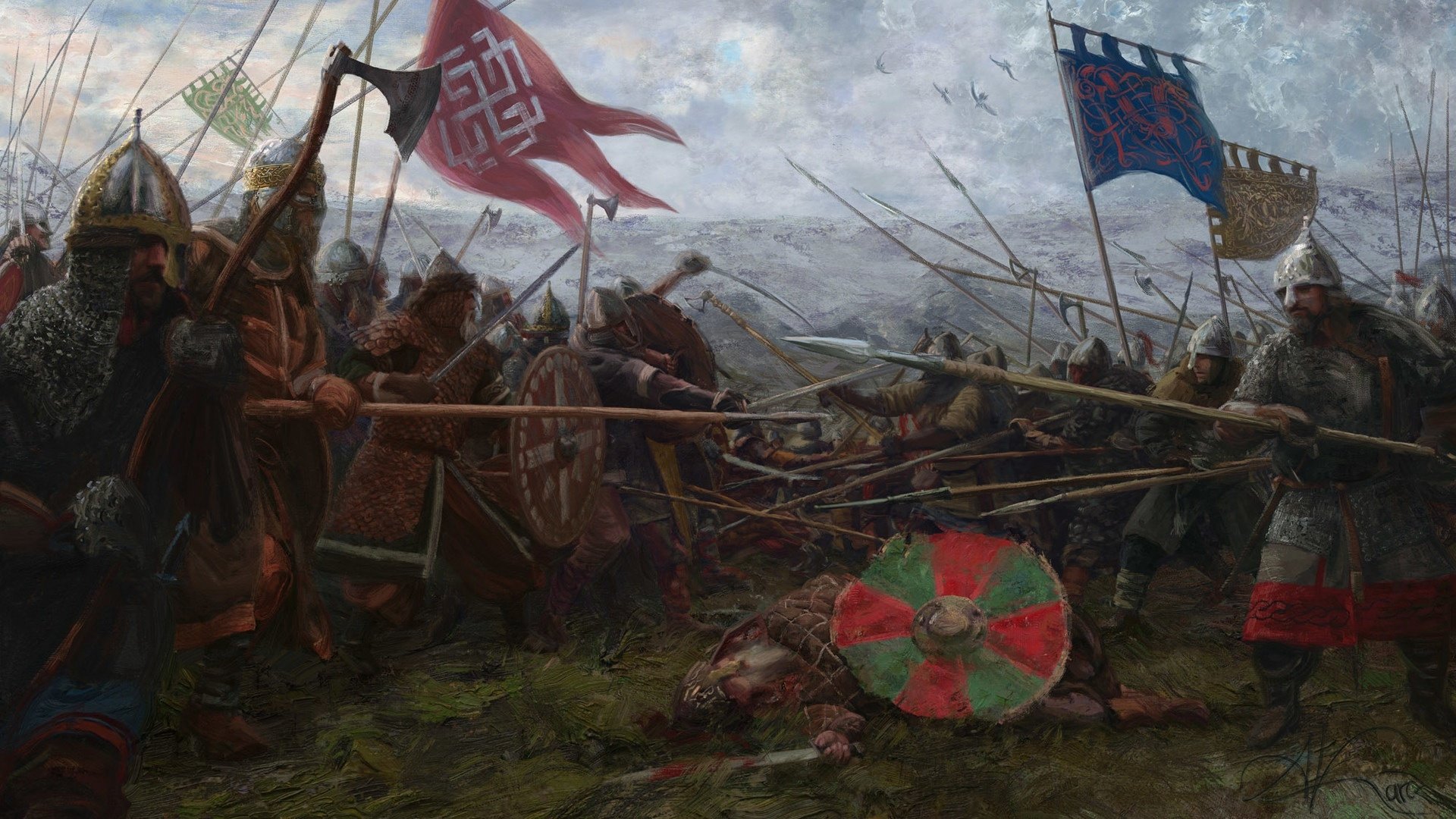 Epic fantasy battle scene featuring armored warriors with spears, shields, and banners clashing on a misty battlefield, rendered in HD for a PC desktop wallpaper background.